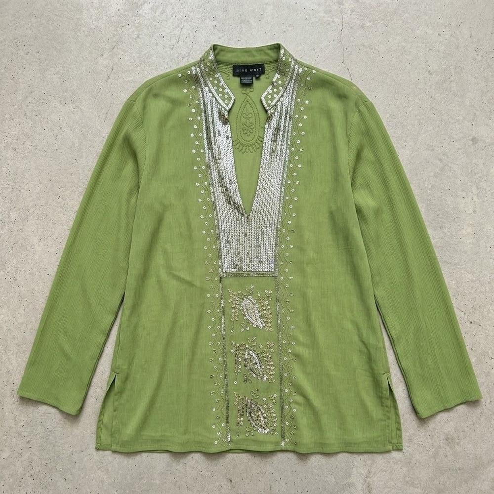 Green Sequin Chiffon Tunic Top Plus Size 3X Boho Indie Resort Vaction